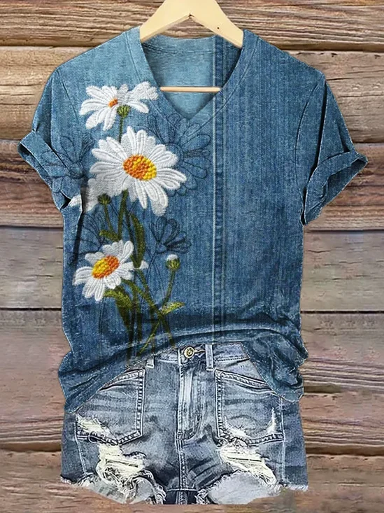 Women Floral Short Sleeve Tee T-shirt V Neck Printing Casual Summer Graphic Tee Top