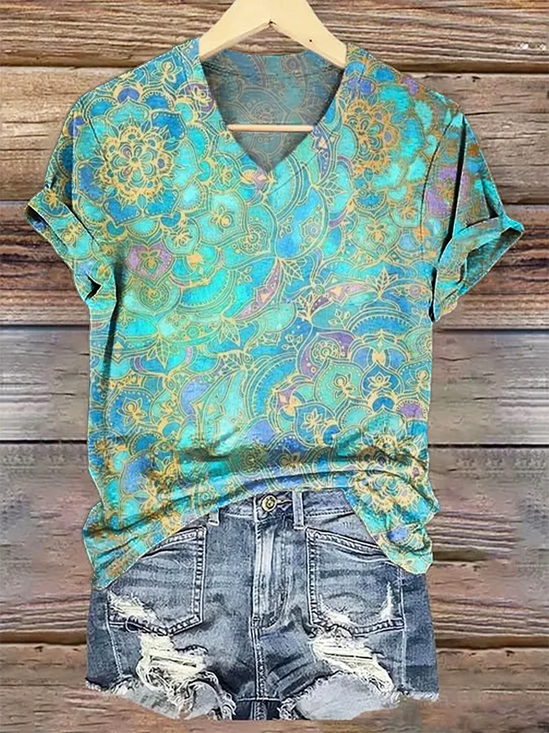 Women Floral Short Sleeve Tee T-shirt V Neck Printing Casual Summer Graphic Tee Top