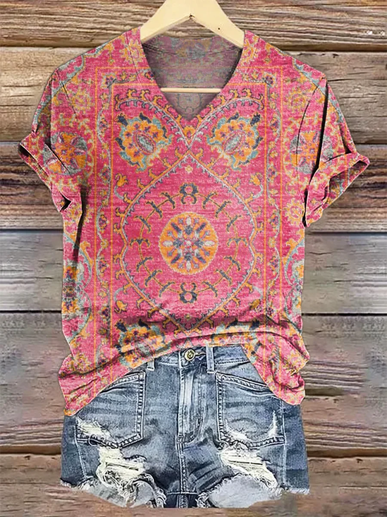 Women Floral Short Sleeve Tee T-shirt V Neck Printing Casual Summer Graphic Tee Top