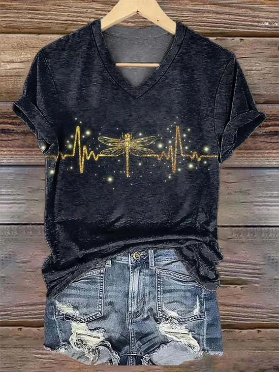 Women Dragonfly Short Sleeve Tee T-shirt V Neck Printing Casual Summer Graphic Tee Top