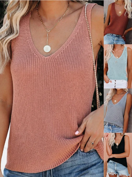 Women Sleeveless Tank Top Camisole Summer Plain Split Joint V Neck Daily Simple Top