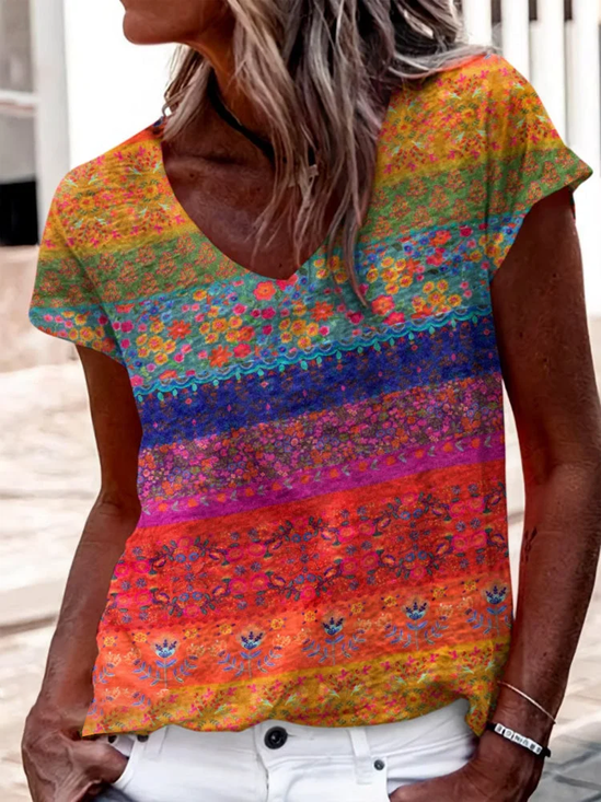 Women Floral Short Sleeve Tee T-shirt V Neck Printing Casual Summer Graphic Tee Top