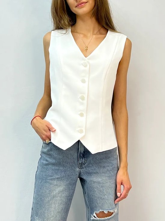 Women Sleeveless Tank Top Camisole Summer Plain Buckle V Neck Daily Simple Top