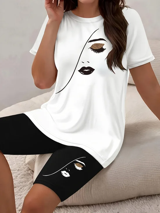 Women Abstract Printing Two-Piece Set Daily Short Sleeve Casual Summer Top With Pants Matching Set