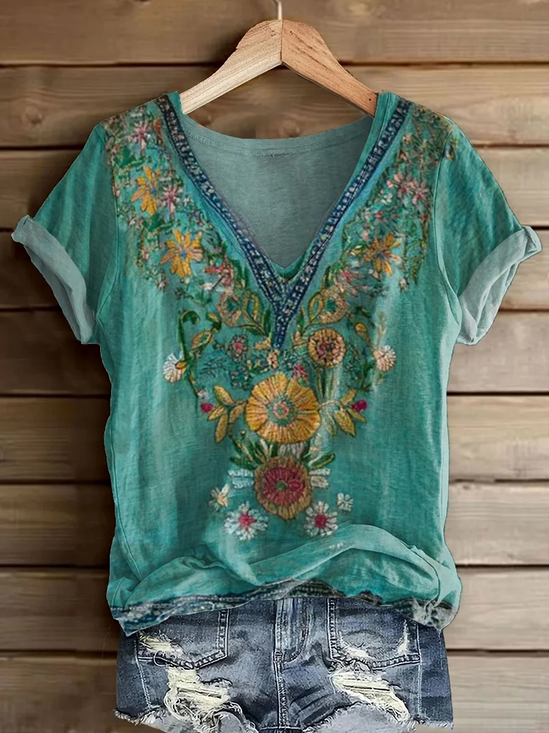 Women Floral Short Sleeve Tee T-shirt V Neck Printing Casual Summer Graphic Tee Top