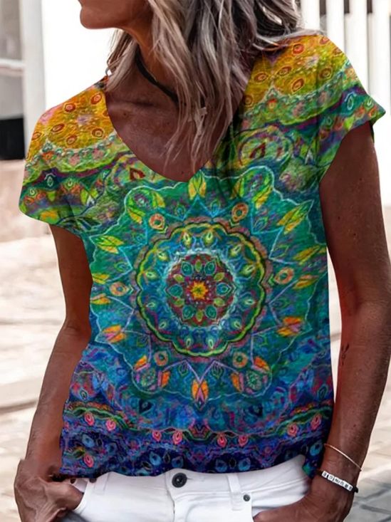 Women Floral Short Sleeve Tee T-shirt V Neck Printing Casual Summer Graphic Tee Top