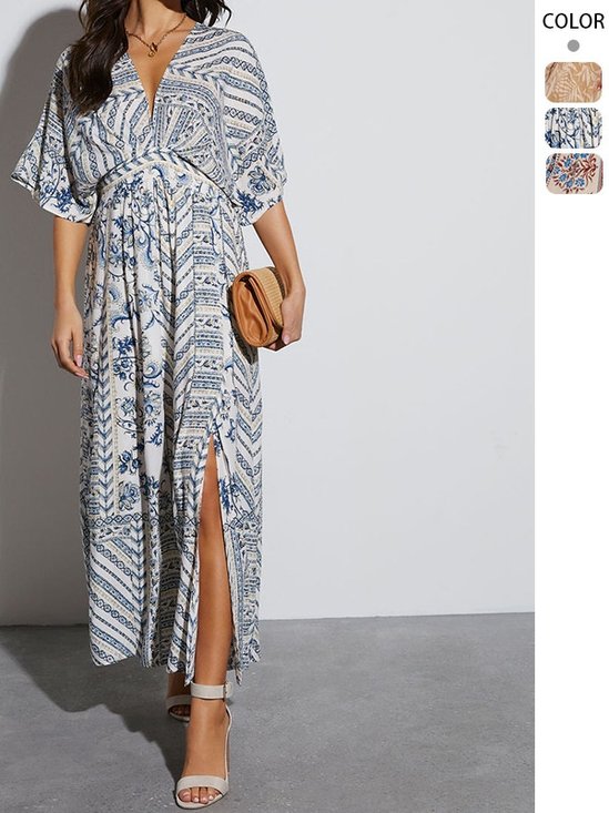 Women Floral Short Sleeve Summer Printing Dress V Neck Daily Vintage Maxi Tank A-Line Dress