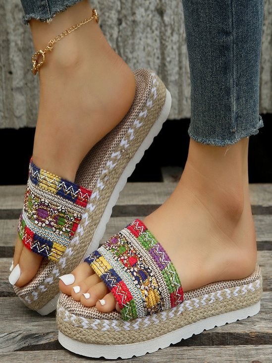 New Ethnic Style Slippers For Women Hemp Rope Gold Line Geometric Thick Bottom Platform Slippers