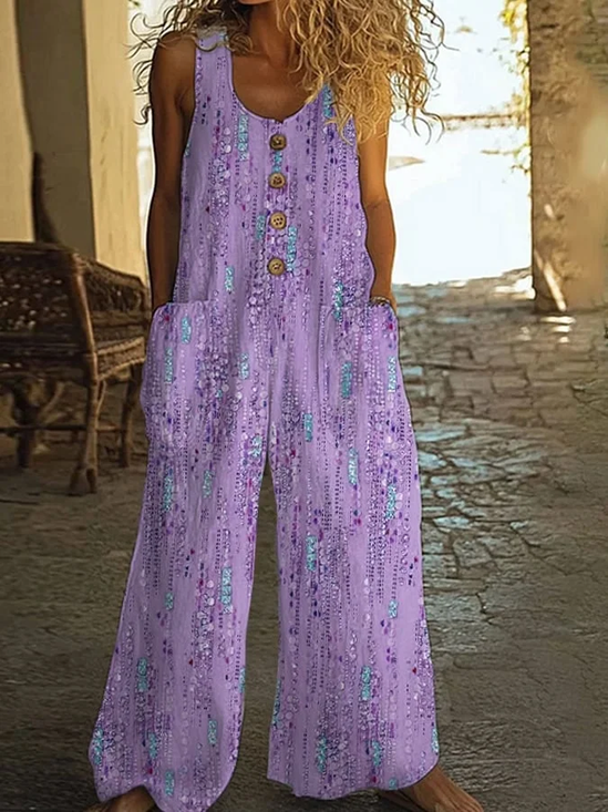 Women Abstract Crew Neck Sleeveless Casual Summer Jumpsuit