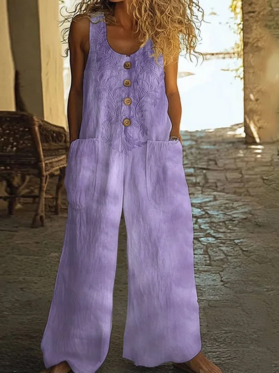 Women Floral Crew Neck Sleeveless Casual Summer Jumpsuit