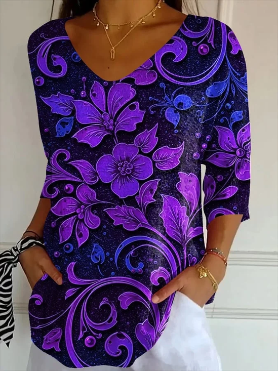 Women Floral Three Quarter Sleeve Tee T-shirt V Neck Printing Casual Spring/Fall Graphic Tee Top