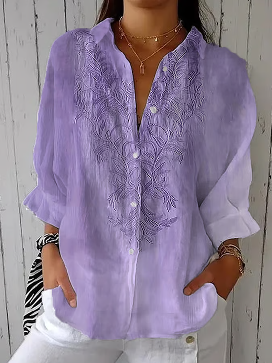 Women Floral Three Quarter Sleeve Shirt Spring/Fall Printing Shirt Collar Daily Casual Top