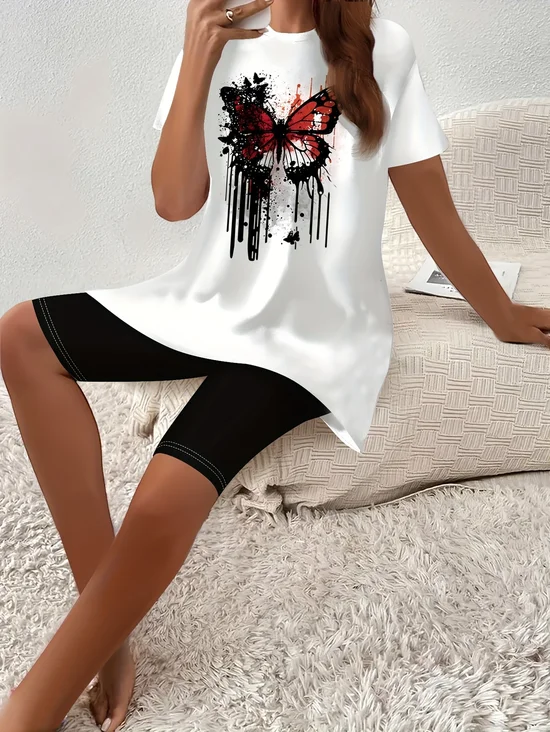 Women Butterfly Printing Two-Piece Set Daily Short Sleeve Casual Summer Top With Pants Matching Set