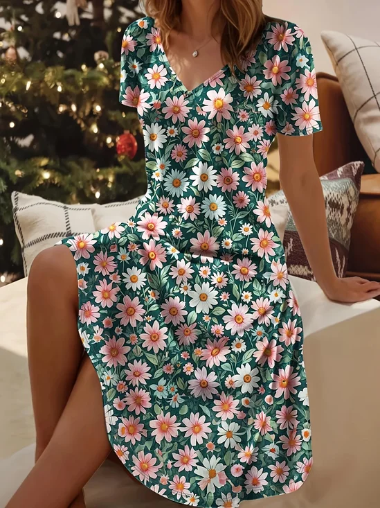 Women Floral Short Sleeve Summer Printing Dress V Neck Daily Casual Midi Fit & Flare Dress A-Line Dress