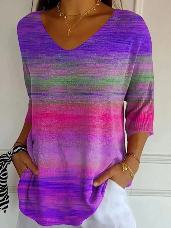 Women Abstract Stripes Three Quarter Sleeve Tee T-shirt V Neck Printing Casual Spring/Fall Graphic Tee Top