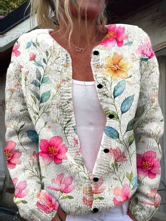 Women 3D Printing Vintage Spring/Fall Knitted Cardigan