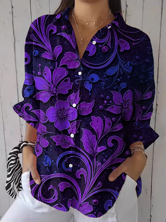 Women Floral Three Quarter Sleeve Shirt Spring/Fall Printing Shirt Collar Daily Casual Top