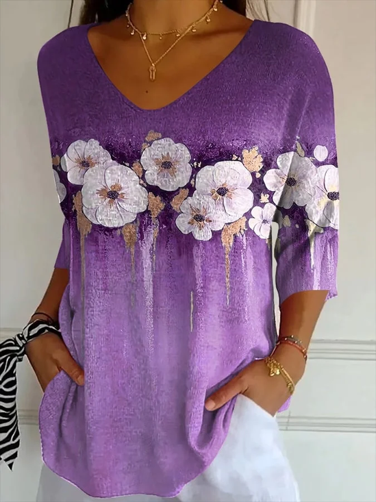 Women Floral Three Quarter Sleeve Tee T-shirt V Neck Printing Casual Spring/Fall Graphic Tee Top