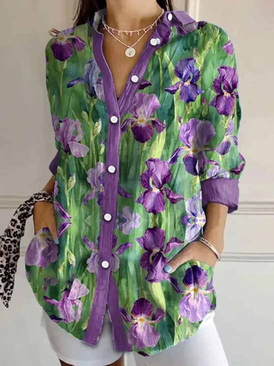 Women Floral Long Sleeve Shirt Spring/Fall Buckle Shirt Collar Daily Casual Top