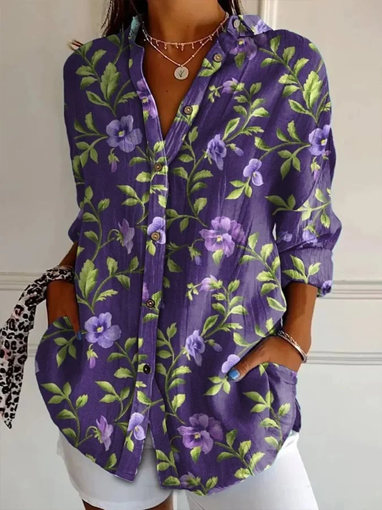 Women Floral Long Sleeve Shirt Spring/Fall Buckle Shirt Collar Daily Casual Top