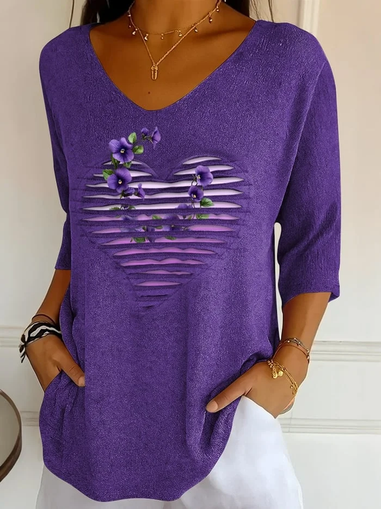 Women Floral Three Quarter Sleeve Tee T-shirt V Neck Printing Casual Spring/Fall Graphic Tee Top
