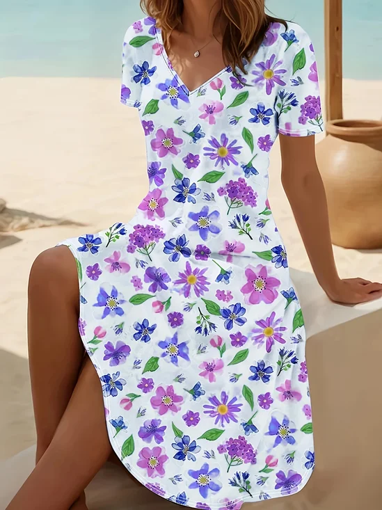 Women Floral Short Sleeve Summer Printing Dress V Neck Daily Casual Midi Fit & Flare Dress A-Line Dress