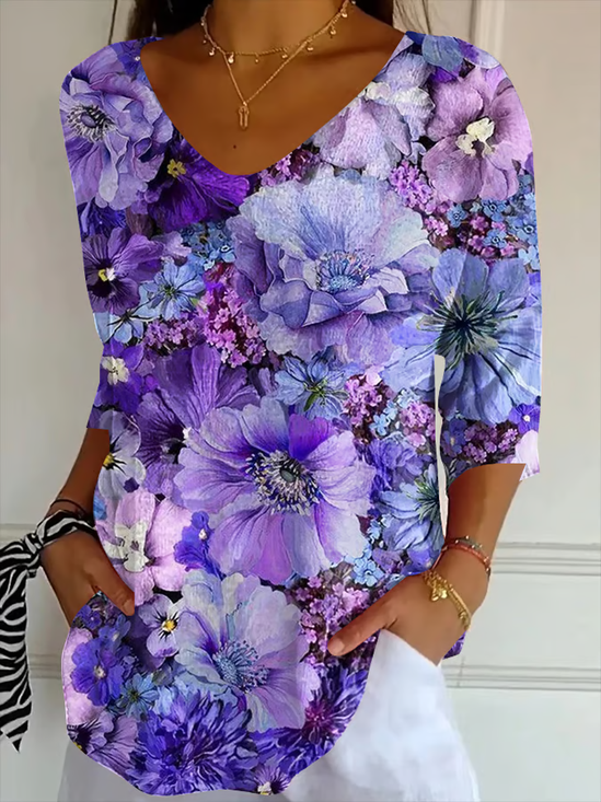 Women Floral Three Quarter Sleeve Tee T-shirt V Neck Printing Casual Spring/Fall Graphic Tee Top