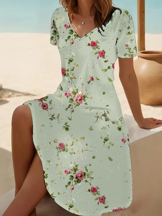 Women Floral Short Sleeve Summer Printing Dress V Neck Daily Casual Midi Fit & Flare Dress A-Line Dress