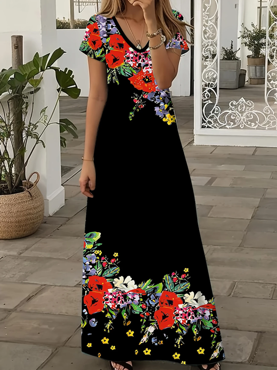 Women Floral Short Sleeve Summer Printing Dress V Neck Daily Casual Maxi X-Line Dress