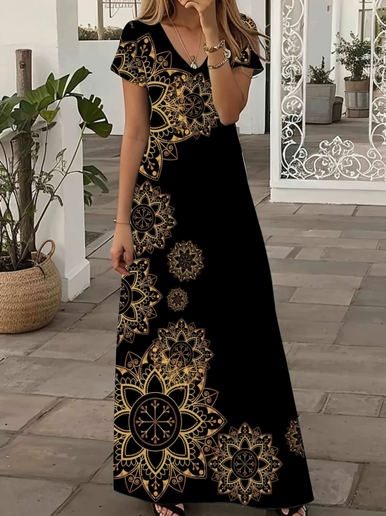 Women Floral Short Sleeve Summer Printing Dress V Neck Daily Casual Maxi X-Line Dress