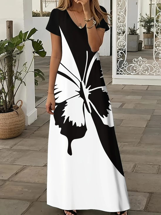Women Butterfly Short Sleeve Summer Printing Dress V Neck Daily Casual Maxi X-Line Dress
