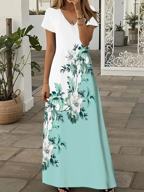 Women Floral Short Sleeve Summer Printing Dress V Neck Daily Casual Maxi X-Line Dress