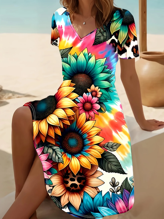 Women Floral Short Sleeve Summer Printing Dress V Neck Daily Casual Midi Fit & Flare Dress A-Line Dress