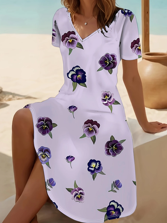 Women Floral Short Sleeve Summer Printing Dress V Neck Daily Casual Midi Fit & Flare Dress A-Line Dress