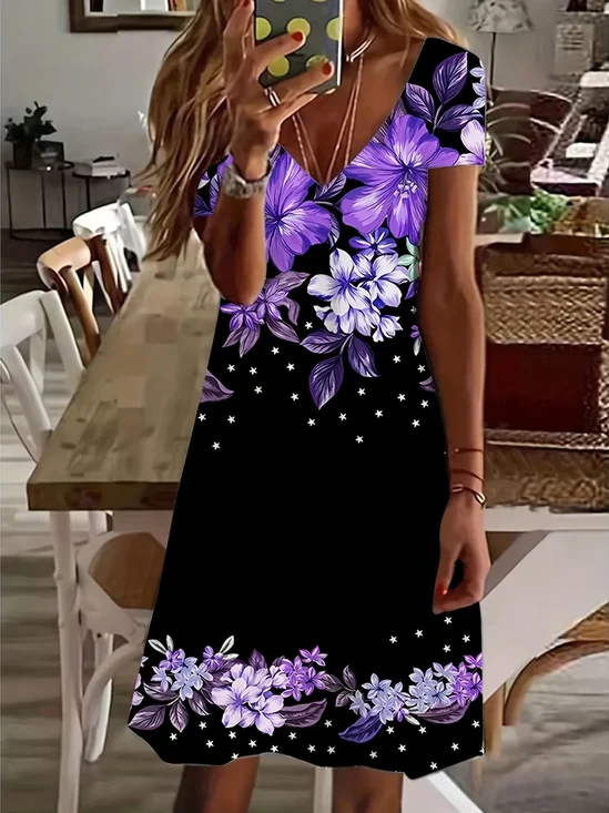 Women Floral Short Sleeve Summer Printing Dress V Neck Daily Casual Midi Fit & Flare Dress A-Line Dress