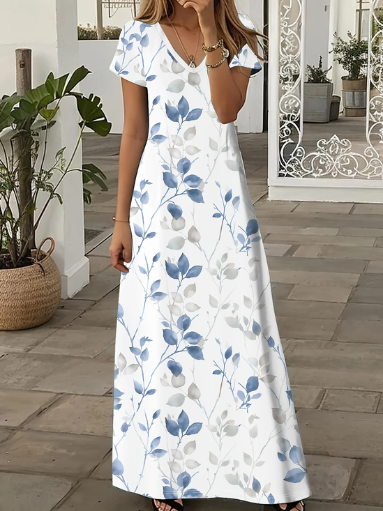 Women Floral Short Sleeve Summer Printing Dress V Neck Daily Casual Maxi X-Line Dress