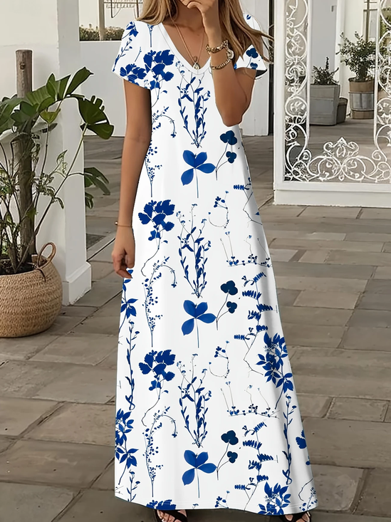 Women Floral Short Sleeve Summer Printing Dress V Neck Daily Casual Maxi X-Line Dress