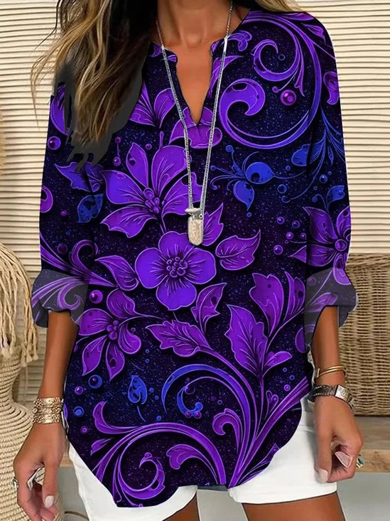 Women Floral Long Sleeve Blouse Spring/Fall Printing V Neck Daily Casual Top