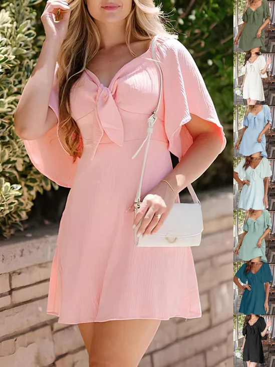 Women Plain Short Sleeve Summer Split Joint Dress V Neck Dolman Sleeve Daily Vintage Midi Ruffle Skirt A-Line Dress