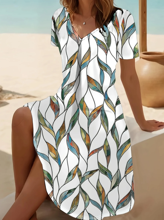 Women Leaf Short Sleeve Summer Printing Dress V Neck Daily Casual Midi Fit & Flare Dress A-Line Dress