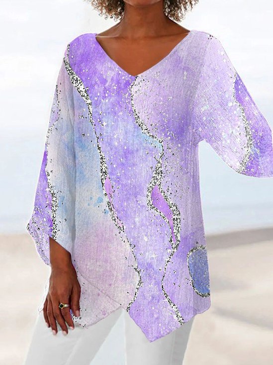 Women Geometric Three Quarter Sleeve Tee T-shirt V Neck Printing Casual Spring/Fall Top