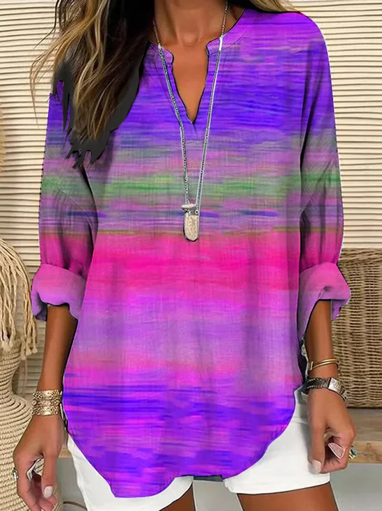 Women Abstract Stripes Long Sleeve Blouse Spring/Fall Printing V Neck Daily Casual Top