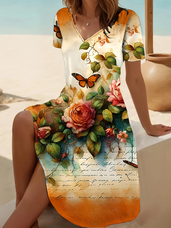 Women Floral Short Sleeve Summer Printing Dress V Neck Daily Casual Midi Fit & Flare Dress A-Line Dress
