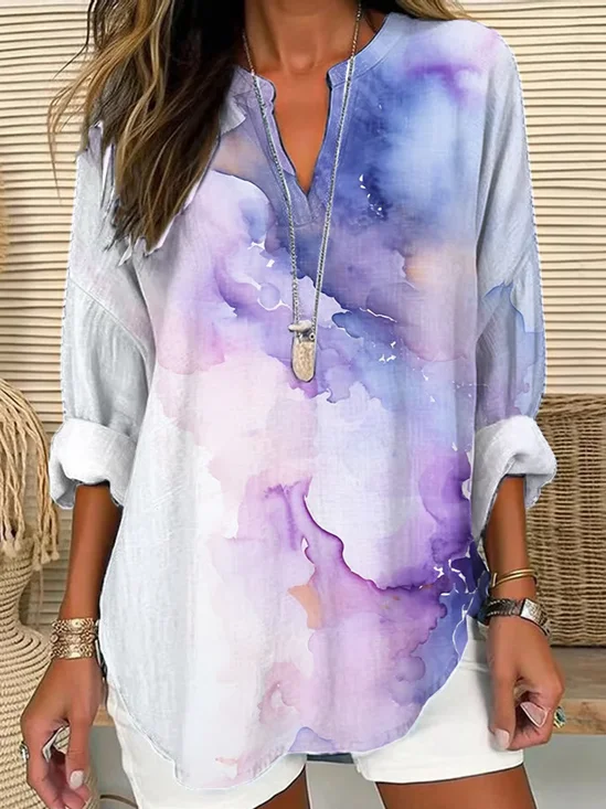 Women Abstract Long Sleeve Blouse Spring/Fall Printing V Neck Daily Casual Top
