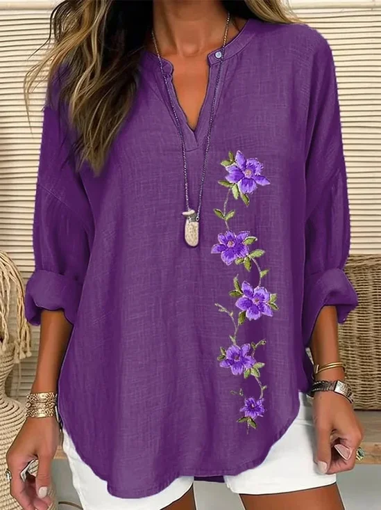 Women Floral Long Sleeve Blouse Spring/Fall Printing V Neck Daily Casual Top