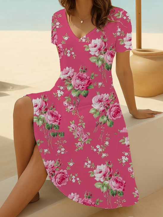 Women Floral Short Sleeve Summer Printing Dress V Neck Daily Casual Midi Fit & Flare Dress A-Line Dress