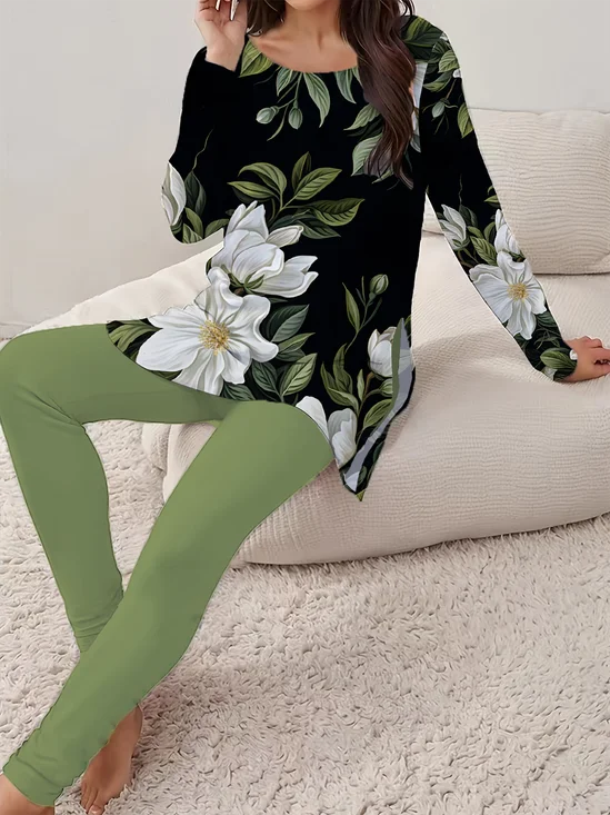 Women Floral Printing Two-Piece Set Daily Long Sleeve Casual Spring/Fall Top With Pants Matching Set