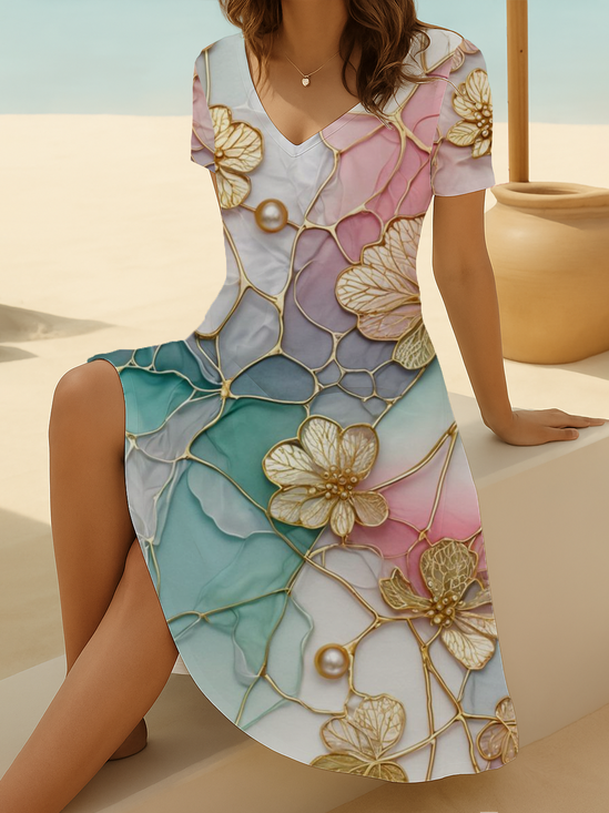 Women Floral Short Sleeve Summer Printing Dress V Neck Daily Casual Midi Fit & Flare Dress A-Line Dress