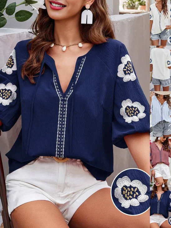 Women Floral Half Sleeve Shirt Summer Embroidery V Neck Daily Casual Top