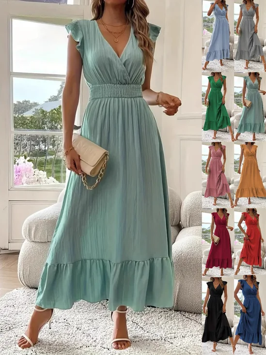 Women Plain Short Sleeve Summer Split Joint Dress V Neck Ruffle Sleeve Daily Vintage Maxi Tank A-Line Dress